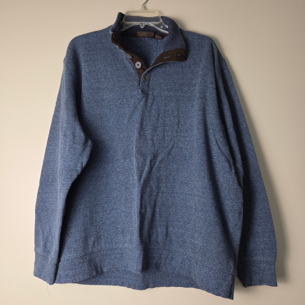 Tasso Elba Mens XL Blue Heather Cotton Quarter Button Mock Neck Sweater